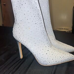 Rhinestone Embellished White Pointed-Toe Stiletto Booties